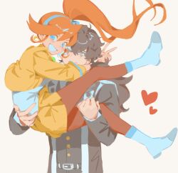  1boy 1girl ace_attorney athena_cykes belt black_belt black_hair black_jacket black_shirt blue_eyes blue_hairband boots carrying carrying_person commentary couple crescent crescent_earrings earrings floating_hair grey_eyes grin hairband heart hetero high_side_ponytail highres house3122 jacket jewelry long_hair long_sleeves looking_at_another looking_at_viewer orange_hair pantyhose ponytail princess_carry red_pantyhose shirt side_ponytail simon_blackquill simple_background single_earring skirt smile swept_bangs white_background white_boots white_shirt yellow_jacket yellow_skirt 