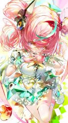  1girl aria_(zenless_zone_zero) blue_eyes commentary dress fingerless_gloves gloves green_hair green_halo halo heart highres multicolored_hair pink_gloves pink_hair shoes solo standing standing_on_one_leg streaked_hair terikanz two-tone_hair untranslatable_commentary white_dress white_shoes white_wings wings zenless_zone_zero 