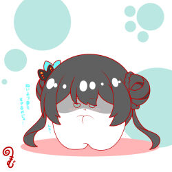  1girl :t artist_logo black_hair blue_archive blue_eyes blush braid bun_with_braided_base butterfly_hair_ornament chibi chibi_only closed_mouth colored_shadow commentary_request double-parted_bangs double_bun full_body hair_bun hair_ornament highres jitome kisaki_(blue_archive) kurukurumagical logo long_hair shaded_face shadow solo standing translation_request twintails white_background 