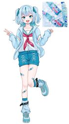  1girl :d ankle_belt ankle_socks bandaid bandaid_on_leg belt black_belt blue_eyes blue_hair blue_jacket blue_ribbon blue_sailor_collar blue_shoes blue_shorts blue_socks collarbone detached_sleeves dinotodon flat_chest full_body hair_ribbon hand_up hands_up highres jacket leg_up looking_at_viewer loose_socks medium_hair multicolored_hair open_clothes open_jacket open_mouth original personification reference_inset ribbon sailor_collar sailor_shirt shirt shoes short_shorts short_sleeves shorts simple_background sleeves_past_wrists smile sneakers socks solo standing standing_on_one_leg straight-on streaked_hair teeth tongue twintails upper_teeth_only v white_background white_shirt 