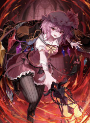  1girl adapted_costume alternate_hair_color black_boots black_coat blonde_hair boots bow bowtie breasts brown_pantyhose coat coat_on_shoulders collared_shirt commentary_request crystal crystal_wings fire flaming_sword flaming_weapon flandre_scarlet flandre_scarlet_(vampire_pursuing_the_hunter) frilled_shirt_collar frilled_skirt frills gold_trim hat highres leg_up looking_at_viewer medium_breasts mob_cap multicolored_wings open_mouth pantyhose pink_hair pointy_ears red_eyes red_skirt red_vest shirt skirt smile solo striped_clothes striped_pantyhose sword tomura_amane touhou touhou_lostword vertical-striped_clothes vertical-striped_pantyhose vest weapon white_hat white_shirt wings yellow_bow yellow_bowtie 