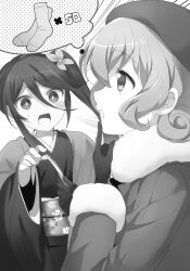  029 2girls blush coat commentary emerada_etuva emphasis_lines english_commentary flower flower_ornament fur-trimmed_coat fur_trim gloves greyscale hair_between_eyes hair_flower hair_ornament hand_on_own_cheek hand_on_own_face hand_up hat hataraku_maou-sama! highres holding holding_paper japanese_clothes kamazuki_suzuno kimono long_hair long_sleeves looking_up monochrome multiple_girls novel_illustration numbered obi official_art open_mouth paper profile sash smile socks speech_bubble v-shaped_eyebrows wide_sleeves 