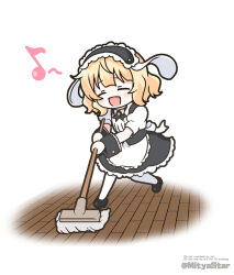  1girl :d animal_ears apron black_hairband black_skirt blonde_hair chibi closed_eyes commentary_request eighth_note fake_animal_ears fleur_de_lapin_uniform floppy_ears frilled_apron frilled_hairband frills gochuumon_wa_usagi_desu_ka? hairband holding kirima_syaro mitya musical_note pantyhose partial_commentary puffy_short_sleeves puffy_sleeves rabbit_ears shirt short_sleeves skirt smile solo twitter_username waist_apron watermark white_apron white_background white_shirt wooden_floor wrist_cuffs 