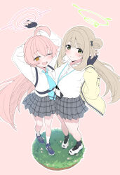  2girls :d absurdres ahoge arms_up black_gloves black_skirt blue_archive blue_necktie blue_shoes breasts brown_hair cardigan closed_mouth collared_shirt commentary fingerless_gloves flat_chest gloves green_eyes green_halo hair_rings halo highres hoshino_(blue_archive) large_breasts long_hair looking_at_viewer miniskirt mistel_(sukebemistel) multiple_girls necktie nonomi_(blue_archive) one_eye_closed open_cardigan open_clothes open_mouth outline pink_background pink_hair pink_halo plaid_clothes plaid_skirt pleated_skirt shirt shoes simple_background single_hair_ring skirt smile socks standing very_long_hair white_outline white_shirt white_shoes white_socks yellow_cardigan yellow_eyes 
