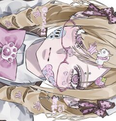  1girl aegyo_sal artist_name bandaid bandaid_on_face barbell_piercing blush bow caru_c1 closed_mouth commentary drawn_whiskers ear_piercing eyebrow_piercing face_piercing hair_between_eyes hair_bow hair_ornament hairclip highres industrial_piercing long_hair multiple_hair_bows original piercing pink_bow pink_eyes polka_dot polka_dot_bow portrait sideways simple_background solo sticker sticker_on_face twintails unicorn_hair_ornament untranslatable_commentary white_background 