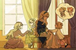  3girls aged_down beryl_bouanich black_cloak black_dress black_shoes blonde_hair blue_eyes chibi chibi_inset chinese_commentary cloak commentary_request crescent crescent_earrings curtains dress earrings face-to-face full_body green_dress green_hairband grey_hair hairband highres holding_hands jewelry kneeling long_dress long_hair looking_at_another mother_and_daughter multiple_girls official_art on_stool one_side_up open_mouth reverse:1999 shoes short_hair sitting socks sonetto_(reverse:1999) speech_bubble spoken_character stool time_lapse white_dress white_socks window 