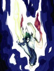  1girl absurdres antennae arm_up aura blue_background blue_pants cape clenched_hand commentary dynamic_pose eddybird55555 english_commentary floating_clothes floating_hair full_body green_hair high_kick highres kicking looking_at_viewer motion_blur one_eye_covered pants red_cape shaded_face shirt short_sleeves solo touhou white_shirt wriggle_nightbug yellow_eyes 