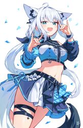  1girl absurdres ahoge animal_ear_fluff animal_ear_piercing animal_ears asymmetrical_clothes belt black_belt black_skirt blush commentary_request deaver double_fox_shadow_puppet fox_ears fox_girl fox_shadow_puppet fox_tail hair_between_eyes highres hololive hololive_gamers_fes_outfit long_hair long_sleeves looking_at_viewer navel open_mouth pentagram shirakami_fubuki skirt smile stomach tail thigh_strap virtual_youtuber 