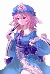  1girl blue_hat blue_kimono blue_ribbon blue_sash commentary_request cowboy_shot folding_fan hair_between_eyes hand_fan hands_up hat highres holding holding_fan japanese_clothes kimono long_sleeves mob_cap neck_ribbon obi parted_lips pink_background pink_hair ribbon saigyouji_yuyuko sash short_hair simple_background solo standing touhou triangular_headpiece white_background wide_sleeves you_(xhs_11531511537) 
