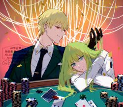  1boy 1other androgynous artist_name black_gloves black_jacket black_necktie blonde_hair blue_eyes card closed_mouth collared_shirt commentary_request confetti enkidu_(fate) fate/grand_order fate_(series) formal_clothes gem gilgamesh_(caster)_(fate) gilgamesh_(fate) gloves green_hair hair_between_eyes hand_on_own_shoulder hand_up highres holding_another's_hair jacket kuraju12000 lapels lips long_hair long_sleeves looking_at_viewer necktie open_clothes open_jacket pearl_(gemstone) playing_card poker poker_chip poker_table red_eyes shadow shirt short_hair sidelocks smile suit suit_jacket table upper_body v-shaped_eyebrows watermark white_shirt 