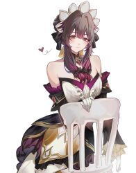  1girl bare_shoulders black_collar black_hair black_sleeves blush bonnet bow breasts chair closed_mouth collar columbina_(genshin_impact) commentary cosplay detached_collar detached_sleeves dress gem genshin_impact gloves hair_bow hair_bun headdress heart highres kbnimated long_sleeves multicolored_hair multiple_hair_bows on_chair pantyhose purple_hair purple_streaks red_gem sandrone_(genshin_impact) sandrone_(genshin_impact)_(cosplay) short_hair short_hair_with_long_locks sidelocks simple_background sitting smile solo streaked_hair two-tone_hair untranslatable_commentary unusually_open_eyes violet_eyes white_background white_gloves white_headdress 