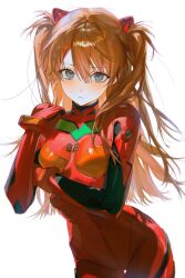  1girl blue_eyes blunt_bangs blush bodysuit closed_mouth hand_on_own_arm hand_on_own_shoulder hhuu1332 highres interface_headset_(evangelion) long_hair looking_at_viewer mecha_pilot_suit messy_hair neon_genesis_evangelion number_print orange_hair plugsuit_(evangelion) portrait red_bodysuit shade shy solo solo_focus souryuu_asuka_langley twintails white_background 