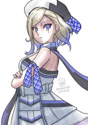 1girl blonde_hair blue_eyes blue_hair commentary crossed_arms english_commentary gloves gradient_hair gradient_scarf highres jean_bart_(kancolle) kantai_collection mole mole_under_eye multicolored_gloves multicolored_hair multicolored_scarf multiple_moles one-hour_drawing_challenge pale_skin ron_(pixiv83091338) scarf shirt short_hair signature simple_background solo strapless strapless_shirt twitter_username two-tone_headwear white_background 