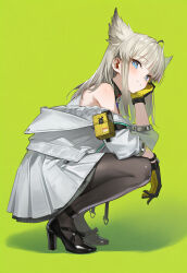  1girl ahoge animal_ears arknights arknights:_endfield bare_shoulders black_gloves black_pantyhose black_shoes blue_eyes blunt_bangs blush closed_mouth commentary_request dress extra_ears from_side full_body gloves green_background grey_jacket hand_on_own_cheek hand_on_own_face head_rest high_heels highres jacket long_hair long_sleeves looking_at_viewer looking_to_the_side off_shoulder open_clothes open_jacket pantyhose perlica_(arknights) pleated_skirt pouch shadow shoes simple_background skirt sleeveless smile solo squatting stella_(ps_calm) white_jacket white_skirt yellow_gloves 