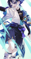  1boy absurdres anemo_symbol_(genshin_impact) aqua_gem arm_at_side armor belt black_belt black_bodysuit black_bow black_bridal_gauntlets black_shorts blue_cape blue_kimono blue_shorts blue_sleeves blunt_ends bodysuit bow bridal_gauntlets bright_pupils cape choppy_bangs clothing_cutout commentary_request covered_collarbone eyeliner feathers fingernails furisode gem genshin_impact gold_ring hakama hakama_shorts highres hip_vent iwoarazumi129 japanese_armor japanese_clothes juban kimono kote kurokote layered_sleeves makeup male_focus mandarin_collar middle_ring open_clothes open_hand open_kimono open_mouth outstretched_arm pleated_shorts pom_pom_(clothes) purple_hair purple_rope purple_sash red_eyeliner rope sash scaramouche_(genshin_impact) short_sleeves shorts side_cape solo tassel tsurime two-sided_shorts violet_eyes vision_(genshin_impact) wanderer_(genshin_impact) white_background white_kimono white_pupils white_sleeves white_trim wind yellow_feathers 