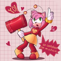  1girl amy_rose animal_ears animal_nose antennae bodysuit chicano09278132 cosplay el_chapulin_colorado el_chapulin_colorado_(cosplay) el_chapulin_colorado_(series) fake_antennae furry furry_female gloves green_eyes hairband hammer heart hedgehog_girl highres holding index_finger_raised open_mouth parody pink_fur pink_hair plaid_background red_hairband sonic_(series) spanish_commentary spanish_text superhero_costume toy_hammer translated white_gloves 