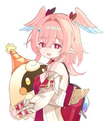  1girl :d backpack bag blue_wings breasts commentary detached_sleeves genshin_impact head_wings highres holding linnea_(genshin_impact) long_hair long_sleeves looking_at_viewer miyako_draw open_mouth pink_hair pink_wings pointy_ears red_bag simple_background small_breasts smile solo two-tone_wings white_background white_sleeves wings 