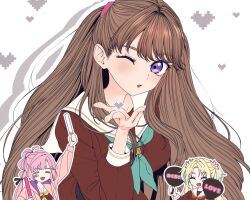  3girls 596_(_gokuraku_joudo) :3 :d =_= anyoji_hime aqua_neckerchief blonde_hair blowing_kiss blue_hair blush blush_stickers breasts brown_dress brown_hair closed_eyes collarbone commentary curtained_hair dress flower fujishima_megumi glowstick gradient_hair hair_flower hair_ornament hand_fan hand_fan_writing hand_up hasu_no_sora_school_uniform heart heart_background highres holding holding_fan holding_glowstick large_breasts link!_like!_love_live! long_hair long_sleeves looking_at_viewer love_live! mira-cra_park! multicolored_hair multiple_girls neckerchief one_eye_closed open_mouth osawa_rurino oshikatsu outline parted_bangs penlight_(glowstick) pink_flower pixel_heart pixelated red_neckerchief sailor_collar sailor_dress school_uniform smile twintails two_side_up violet_eyes virtual_youtuber white_background white_outline white_sailor_collar winter_uniform yellow_neckerchief 