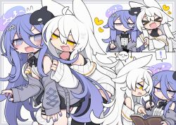  ! >_< 2girls :3 :d animal_ears bare_shoulders black_bow black_bowtie black_shirt black_skirt black_thighhighs blue_eyes blue_hair blue_nails blush book bow bowtie closed_eyes closed_mouth collared_shirt commentary_request double-parted_bangs grey_jacket hair_between_eyes hand_up heart holding holding_book holding_pen jacket kisaragi_kaya long_hair long_hair_between_eyes long_sleeves multiple_girls multiple_views nail_polish off_shoulder open_book open_clothes open_jacket open_mouth original pen pleated_skirt shirt skirt sleeveless sleeveless_shirt sleeves_past_wrists smile spoken_exclamation_mark sweater thick_eyebrows thigh-highs v white_hair white_shirt white_sweater xd yellow_eyes 