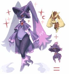  1girl animal_ears black_sclera capelet colored_sclera commentary english_commentary fakemon full_body furry furry_female fusion hat highres jaggy_lines leotard long_sleeves looking_at_viewer lopunny mismagius official_art_inset original pokemon pokemon_(creature) pokemon_focus purple_capelet purple_hat purple_leotard rabbit_ears rabbit_girl red_eyes reference_inset simple_background solo sparkle standing white_background witch_hat wolfertinger666 