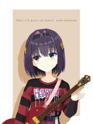  1girl :/ absurdres belt black_belt black_hair black_hairband blush border closed_mouth clothes_writing collarbone commentary_request crossed_bangs drop_shadow english_text eyelashes eyes_visible_through_hair frown green_eyes guitar hair_between_eyes hair_intakes hair_ornament hair_ribbon hairband hand_up highres instrument limelight_lemonade_jam long_sleeves looking_to_the_side medium_hair multicolored_hair nabari_anju outside_border purple_streaks ribbon shirayamakoma shirt simple_background solo streaked_hair striped_clothes striped_shirt upper_body white_border x_hair_ornament yellow_background yellow_ribbon 