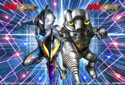  1boy alien armor beliarok black_skin blue_background blue_skin breastplate clenched_hand color_timer colored_skin commentary compound_eyes copyright_logo copyright_notice dashing dorsal_fin drill_hand full_body giant giant_male glowing glowing_eyes holding holding_sword holding_weapon knee_up light_particles logo looking_at_viewer masukudo_(hamamoto_hikaru) mecha motion_lines multicolored_skin official_art outstretched_arm pectorals red_skin robot sevenger shoulder_armor side-by-side silver_armor silver_skin speed_lines sword tokusatsu toned toned_male ultra_series ultraman_z ultraman_z_(original) ultraman_z_(series) weapon white_eyes wrinkled_skin yellow_eyes 