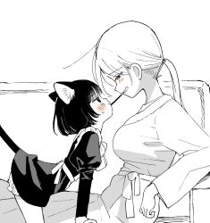  2girls age_difference animal_ear_fluff animal_ears apron black_dress black_hair blush breasts cat_ears cat_girl cat_tail commentary_request dress flat_chest food half-closed_eyes height_difference highres huge_breasts long_skirt looking_at_another maid maid_apron multiple_girls onee-loli original pocky ponytail short_hair skirt tail takeno_(takenoo2) yuri 
