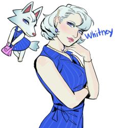  1girl animal_crossing animal_crossing:_new_horizons blue_dress blue_eyes blue_nails bob_cut bracelet button_dress character_name closed_mouth collared_dress crystal_earrings dress earrings english_commentary eyeshadow fashion furry furry_and_humanization furry_female gold_bracelet gold_necklace hair_behind_ear hair_ornament hairclip hand_on_own_arm head_rest head_tilt humanization jewelry light_smile makeup multiple_bracelets nail_polish necklace nose pink_eyeshadow pink_lips side_part sleeveless sleeveless_dress striped_clothes striped_dress two-tone_eyeshadow uneventide upper_body vertical-striped_clothes vertical-striped_dress white_background white_eyeshadow white_hair whitney_(animal_crossing) wolf 