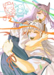  2girls 4girls animal_ears aqua_bow blue_overalls blunt_bangs bow brown_hat closed_eyes commentary_request ear_bow ear_ribbon gold_ship_(umamusume) grey_hair hat highres holding holding_paintbrush horse_ears horse_girl horse_tail lampy_uikoko lifting_person long_hair mejiro_mcqueen_(umamusume) multiple_girls one_eye_closed open_mouth overalls paint_on_body paint_on_clothes paintbrush pillbox_hat purple_hair shirt smile suspenders tail umamusume violet_eyes white_shirt 