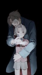  2boys ace_attorney aged_down aiming ascot black_background blue_bow blue_bowtie blue_coat bow bowtie brown_eyes brown_hair child closed_eyes coat collared_shirt crying crying_with_eyes_open curtained_hair formal_clothes galaxysilver gloves grey_hair grey_shorts gun handgun hashtag-only_commentary highres holding holding_gun holding_weapon hug hug_from_behind jacket long_sleeves looking_at_viewer male_focus miles_edgeworth multiple_boys multiple_persona open_mouth parted_bangs parted_lips protecting red_coat scared shirt short_hair shorts simple_background suit surprised tears weapon white_ascot white_shirt wide-eyed 