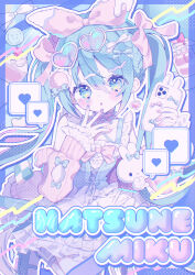  1girl absurdres blue_eyes blue_hair blush bow cellphone character_name commentary cupcake dress eyewear_on_head food frills hair_between_eyes hair_bow hair_ornament hatsune_miku heart heart-shaped_eyewear highres holding holding_phone long_hair looking_at_viewer open_mouth pastel_colors phone pink_bow pink_nails sango_(35sangosan) smartphone solo spoken_heart stuffed_toy sunglasses twintails vocaloid 