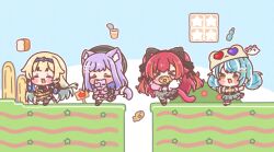  >_< 4girls :3 :d =_= ^_^ absurdres aizawa_ema animal_ear_fluff animal_ears beret black_gloves black_hat black_shoes black_skirt blonde_hair blue_hair blue_skirt blush_stickers bread brown_eyes brown_hair brown_hat brown_thighhighs chibi closed_eyes closed_mouth commentary_request covered_mouth double_bun eyepatch fang food food_in_mouth garter_straps gloves gradient_hair hair_bun half_gloves hat heart heart_eyepatch highres hugging_object instant_cup_noodles instant_noodles jacket loaf_of_bread long_hair long_sleeves mitarashi_neko mouth_hold multicolored_hair multiple_girls nekota_tsuna outstretched_arms pink_jacket pleated_skirt puffy_long_sleeves puffy_sleeves purple_hair ramune red_hair running shinomiya_runa shiranami_ramune shoes skirt sleeves_past_wrists smile spread_arms standing star_(symbol) streaked_hair stuffed_animal stuffed_cat stuffed_toy tail taiyaki thigh-highs two-tone_hair two_side_up very_long_hair virtual_youtuber vspo! wagashi white_hair white_jacket wide_sleeves 