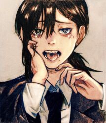  1girl black_hair black_jacket black_necktie black_suit blue_eyes chainsaw_man commentary crying hair_between_eyes hair_ornament hairclip hand_on_own_cheek hand_on_own_face higashiyama_kobeni jacket low_ponytail mole mole_under_eye mole_under_mouth necktie open_mouth ponytail portrait profilicnekro shirt solo streaming_tears suit tears tongue tongue_out white_shirt 