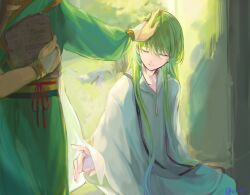  1other androgynous artist_name black_sash book brown_hair closed_eyes closed_mouth collarbone commentary_request day dress enkidu_(fate) fate/grand_order fate_(series) fingerless_gloves gloves gold_ring grass green_dress green_hair hair_between_eyes hand_on_another's_head hand_up hands_up highres holding holding_book hooded_robe long_hair long_sleeves o_zpr other_focus outdoors petting puffy_long_sleeves puffy_sleeves red_ribbon ribbon robe rock sash shadow sidelocks sitting smile solo_focus tree very_long_hair white_gloves white_robe wide_sleeves yellow_sash 