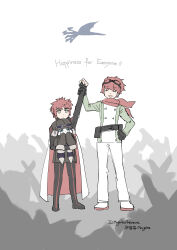  2boys appmon cape commentary digimon digimon_(creature) digimon_story:_time_stranger digimon_universe:_appli_monsters gloves goggles goggles_on_head highres in-franchise_crossover leviathan_(digimon) male_focus mrgniteanemone multiple_boys offmon ozora_yujin red_eyes red_hair tagme yuuki_dan 
