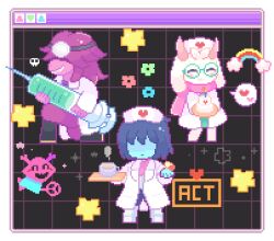  1boy 1girl 1other ^_^ androgynous animal_ears animated animated_gif black_background blue_hair blue_skin boots border cake child closed_eyes coat colored_skin covered_eyes cup deltarune expressionless facing_viewer flower_symbol food full_body furry furry_female furry_male gameplay_mechanics goat_boy goat_ears goat_horns green-framed_eyewear grid_background grin hat heart holding holding_cake holding_food holding_syringe horns jumping kae77p kris_(dark_world)_(deltarune) kris_(deltarune) kris_(takecare)_(deltarune) looping_animation medium_hair no_eyes nurse_cap official_alternate_costume oversized_object pill pink_scarf pink_skin pixel_art purple_hair rainbow ralsei ralsei_(takecare) round_eyewear scarf shaded_face short_hair skull smile soul_(deltarune) sparkle spoken_heart standing susie_(dark_world)_(deltarune) susie_(deltarune) susie_(takecare)_(deltarune) syringe the_fun_gang throwing tomboy trap tray utdr_(toby_fox) virovirokun white_boots white_border white_coat window_(computing) 