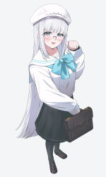  1girl absurdres bag braid commentary_request daradara_art from_above glasses grey_background haru_(cevio) hat highres long_hair looking_at_viewer paw_pose school_bag school_uniform serafuku side_braid standing straight_hair white_hair 