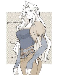  1girl ahoge belt blue_shirt border breasts celes_chere cowboy_shot cropped_jacket final_fantasy final_fantasy_vi furrowed_brow hair_ornament ika_okura_66 lace-up_legwear light_frown long_hair medium_breasts pants parted_bangs puffy_short_sleeves puffy_sleeves shirt short_sleeves solo twitter_username wavy_hair white_border yellow_pants 