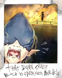  1boy 1girl absurdres beam_(chainsaw_man) bomb_devil_(chainsaw_man) chainsaw_man commentary english_commentary english_text fence fire highres kirtome monster_boy monster_girl open_mouth photo_(object) pointy_ears scared sharp_teeth teeth 