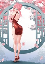 1girl aivy_lovencraft back braid braided_bun chinese_clothes esteban_(estebaneishon) fanart flower from_behind full_body green_eyes high_heels highres indie_virtual_youtuber long_hair looking_at_viewer pink_flower pink_hair solo standing tree virtual_youtuber vtuber vtuberfanart