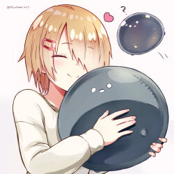  1girl 1other ? absurdres brown_hair closed_eyes commentary_request heart heaven_burns_red highres kayamori_ruka narby_(heaven_burns_red) shira_461 short_hair simple_background slime_(creature) stuffed_toy 