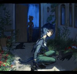  2boys absurdres animal_ears asoresu_i blue_eyes blue_hair blue_shirt cat cat_boy crossed_bandaids dog_boy dog_ears gauntlets green_pants highres identity_v ivy looking_at_viewer louis_(identity_v) male_focus matthias_czernin matthias_czernin_(striding_between_realms) multiple_boys official_alternate_costume pants plant shade shadow shirt shorts squatting standing 