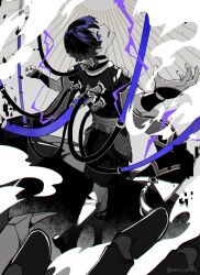  1boy armor blunt_ends bright_pupils cable curled_fingers fingernails from_behind full_body furisode genshin_impact glitch greyscale hashtag-only_commentary highres japanese_armor japanese_clothes jewelry juban kimono kote looking_at_viewer looking_back lower_teeth_only male_focus mechanical_hands monochrome multicolored_hair nanora_(sero4) neck_ring o-ring open_hands open_mouth outstretched_arms purple_electricity purple_hair sash scaramouche_(genshin_impact) scaramouche_(shouki_no_kami)_(genshin_impact) short_sleeves shorts single_sode smoke solo spot_color spread_arms stirrup_legwear streaked_hair tassel teeth toeless_legwear twitter_username violet_eyes white_pupils 