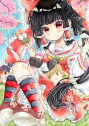  1girl :3 black_hair black_hat black_socks blonde_hair blush bow braid brown_shoes cherry_blossoms chest_sarashi closed_mouth commentary_request dango detached_sleeves eating falling_petals food food_on_face frilled_bow frilled_hair_tubes frilled_skirt frills green_bow hair_bow hair_tubes hakurei_reimu hat hat_bow highres holding holding_food holding_skewer kirisame_marisa kneehighs long_hair looking_at_viewer marker_(medium) onigiri open_mouth outdoors petals pink_petals red_bow red_eyes red_skirt red_socks ribbon-trimmed_sleeves ribbon_trim sanshoku_dango sarashi shoes side_braid single_braid sitting skewer skirt skirt_set smile socks striped_clothes striped_socks touhou traditional_media two-tone_socks wagashi watermark white_bow witch_hat yellow_eyes yukkuri_shiteitte_ne zenra1112 