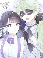  >_< 1boy 1girl :/ :d ahoge ascot black_ascot black_hair black_jacket blue_eyes blunt_bangs closed_mouth collared_shirt commentary_request creature delicious_party_precure domino_mask dress dress_shirt eye_mask fang frown gloves green_hair hair_between_eyes hair_over_shoulder hand_on_another's_ear harukicute hetero holding_another's_wrist jacket kasai_amane long_hair long_sleeves looking_at_viewer low_ponytail mask narcistoru neck_ribbon pinafore_dress ponytail precure purple_background purple_dress purple_ribbon recipipi ribbon shirt sleeveless sleeveless_dress smile sparkle sweatdrop teeth upper_body upper_teeth_only v-shaped_eyebrows violet_eyes white_gloves white_shirt 