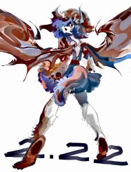  1girl abstract animal_ears animal_hands bat_wings blue_hair dog_ears dog_paws dog_tail dress from_behind full_body full_lake furry highres kemonomimi_mode looking_at_viewer looking_back medium_hair remilia_scarlet sash simple_background solo standing tail touhou waist_sash white_background wings 