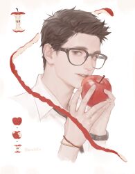  1boy absurdres apple apple_core black-framed_eyewear black_hair bracelet collared_shirt commentary cropped_shoulders dead_by_daylight dwight_fairfield endless_(1482999) english_commentary food fruit glasses highres holding holding_food holding_fruit jewelry looking_to_the_side male_focus parted_hair parted_lips shirt short_hair sideways_glance solo watch watch white_background white_shirt wing_collar 