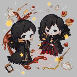  2girls binah_(project_moon) black_coat black_dress black_eyes black_hair blonde_streaks breasts candy chibi chibi_only chocolate closed_mouth coat coat_on_shoulders commentary cup dress dual_persona ee_extension_02 food fruit fur-trimmed_coat fur_trim gold_trim grey_background hand_on_own_cheek hand_on_own_face heart heart-shaped_chocolate heart-shaped_food hexagon_print highres honey honey_dipper lemon lemon_slice library_of_ruina lobotomy_corporation mole mole_under_eye multicolored_hair multiple_girls project_moon saucer simple_background sitting smile sparkle spoon star_(symbol) streaked_hair sugar_cube tea teacup teapot untranslatable_commentary watermark 