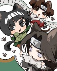  1girl 2boys animal_ear_fluff animal_ears black_eyes black_hair black_headband blunt_bangs blush bodysuit bowl_cut brown_eyes brown_hair cat_boy cat_ears cat_girl cat_tail chibi chibi_only commentary double_bun fighting_stance flak_jacket green_bodysuit green_vest grey_eyes hair_bun headband highres hyuuga_neji jacket kemonomimi_mode konohagakure_symbol leg_warmers long_hair low-tied_long_hair mandarin_collar multiple_boys naruto_(series) naruto_shippuuden open_mouth orange_leg_warmers pants parted_bangs paw_print red_pants rock_lee scroll shirt short_hair smile tail tenten_(naruto) thick_eyebrows twitter_username vad_end vest white_shirt 