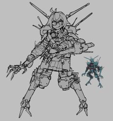 1girl :q absurdres antenna_hair claws commentary crossed_bangs english_commentary eye_print glasses goblin_(lancer_rpg) grey_background greyscale head_wings highres lancer_rpg lineart looking_at_viewer looking_to_the_side monochrome pelvic_curtain personification reference_inset reverse-jointed_legs robot_girl short_hair simple_background smile solo spiky_hair tongue tongue_out wings yadana324 